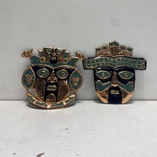 Unsigned Vintage Incan Style Metal Wall Masks Lot 2 Mixed Media 9x9 Art picture