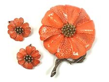 Hedy Orange Enamel Flower Costume Brooch & Clip On Earring Set w/ Floral Motif picture
