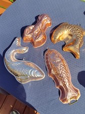4 Vintage Copper Colored Aluminum Fish & Lobster Jello/Cake Molds, Wall Hanging. picture