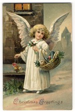 Pretty CHRISTMAS ANGEL in White Bringing Gifts 1910 Postcard picture