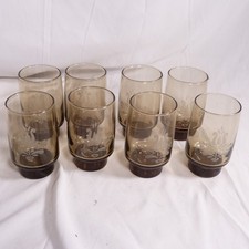 Vintage Pfaltzgraff Village Smoke Brown Libbey Glass Tumblers Etched Set 8 picture