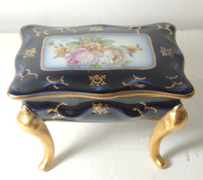 Pallas Limoges Cobalt Footed Trinket Box Hand Painted Roses Vintage France picture