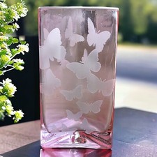 Vintage Pink Glass Triangle Vase Etched/Frosted Butterfly Teleflora picture