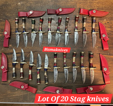 AWESOME HANDMADE LOT OF 20 STAG HORN HANDLE HUNTING AND CAMPING KNIVES W SHEATH picture