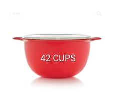 Tupperware Thatsa Mega Bowl Mixing Bowl 42 Cup w/2 Helper Loop Handles RED/WHITE picture