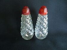 Vintage Mid Century Clear Glass Salt & Pepper Shakers, Diamond Design, Red Lids picture