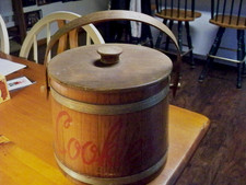 Vintage Wooden Ice Barrel Or Cookie Bin with Lid and Handle Great Condition picture