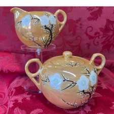 Vintage Japanese Peach Lusterware Cherry Blossoms Creamer & Sugar Bowl Set 1950s picture