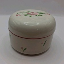 Vintg 1985 Teleflora ceramic trinket dish, powder jar, painted pink floral motif picture