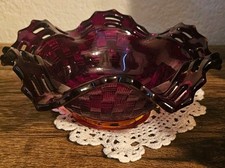 Vintage Fenton Amberina Glass Bowl Basket Weave 2-Row Open Lace Edge Ruffled 6