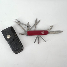 VINTAGE Victorinox Deluxe Tinker Swiss Army Knife Red 91mm & Leather Belt Sheath picture