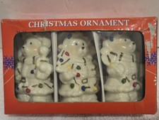 Vintage Family Dollar Ceramic Teddy Bear Christmas Ornament Set 3pc New In Box picture