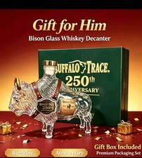 Bison Shaped Glass Whiskey Decanter Golden Cap Animal Liquor Bottle, 250 Year.WW picture