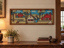Vintage MCM Barn And House Scene Stone Art Picture 24” X 8.5” picture