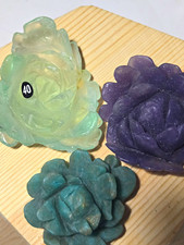 Lot of 3 Carved Stone/Crystal Rose Flower Figurines Green Purple Teal Glow BL40 picture