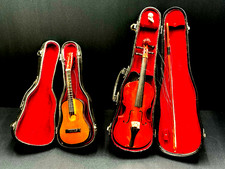 Miniature Wood Violin & Acoustic Guitar Lot w Velvet Hard Cases Photo Prop 7in picture