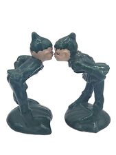 Vintage Gilner Pixie Elves Pair Kissing Ceramic Green Figurines Statues  picture