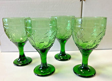 4 Vintage Green Libbey Goblet Stemmed Footed Water Wine Emboss Drinking Glasses picture