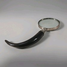 Vintage Handheld Magnifying Glass Polished Brass Toned Metal Curved Horn Handle picture