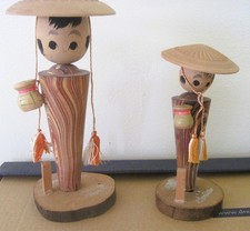 Two Oriental Dolls Vintage-Hand Painted Wooden Look Figurines Wobbly Head Shade picture