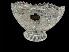 Vtg Crystal Yugoslavian Footed Bowl Frosted Sawtooth Edge. W/Sticker Floral picture