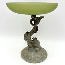 Vintage Metal Koi Fish Dolphin Pedestal Dish Frosted Green Glass Compote Patina picture