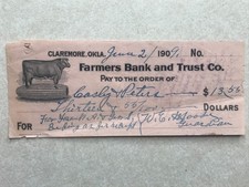 EN3482 Farmers Bank and Trust Co., Claremore OK Oklahoma 1909 Cashed Check picture