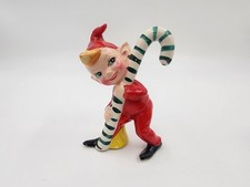 Vintage Japan Pixie Elf Red with Green White Striped Candy Cane Ceramic Figurine picture