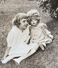 Girl & Large Vintage Doll Short Curly Hair Original Snapshot Vintage Photo picture