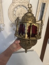 Antique Moroccan Pierced Brass Lantern Hanging Candle Lamp Middle Eastern picture