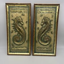 2 Vintage MCM MetalCraft Seahorses Wall Art Beach Regency 3D Gold Teal Philippe picture
