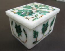 2.5 x 1.5 Inches Malachite Stone Inlay Work Trinket Box White Marble Jewelry Box picture