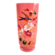 Antique French Painted Floral Opaline Pink Glass Vase picture
