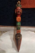 Wonderful Tibet 1800s Old Buddhist Painted Carved Wood Three Angry Faced Phurba picture