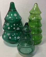Vintage Green Glass Christmas Tree Holiday Candy Jars Lot of 3  picture