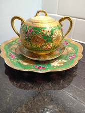 Vintage Japanese Satsuma Nippon Style Three-piece Porcelain Set Green Gold Guilt picture