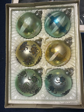 Vintage Glass Christmas Ornaments Box of 6, MID CENTURY MODERN Glitter Germany picture