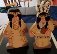 Hand Painted Thanksgiving Chief And Indian Maiden Wood Tole picture