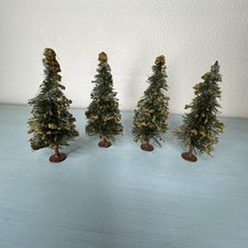 4 VTG 50s Flocked Bottle Brush Christmas Tree Metal Base Germany Putz Village 5” picture