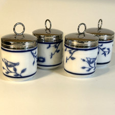 Williams Sonoma Blue White Egg Coddlers Set of 4 Chrome Lids picture