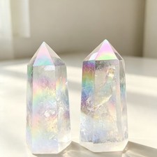 164g 2pcs Angel Aura Clear Quartz Tower Point Rainbow Energy Crystal Altar Gift picture