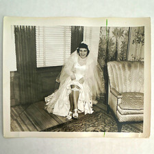 Vintage 50s Black & White Wedding Portrait of  Pretty Bride Garter Leggy picture