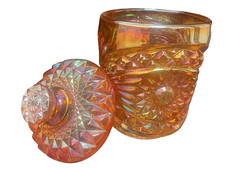 Vintage antique Imperial Hobstar 1912 orange carnival glass dish jar marigold picture