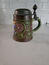 Antique Mettlach Beer Stein Etched #2016 SHIELD AND FLOWERS O.3L Inlaid Lid  picture