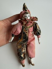Vintage Porcelain Jester Clown Doll Pink Black Gold Harlequin Collectible  picture