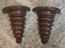 Vtg Set of 2 Solid Wood Carved wall hanging shelf corbel Sconce Brown 8” Texture picture