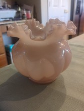 Vintage Fenton cased milk glass rose bowl with a ruffled pink and white finish. picture