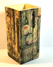 Vintage ceramic vase w/Japanese rice paper collage,sealed, 6 1/2