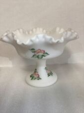 Vintage FENTON Ivory Satin Glass Compote Pink Rose Garden Signed 8” H picture
