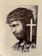 Jesus Christ Portrait with Cross, Crown of Thorns Christian Black & White Print picture